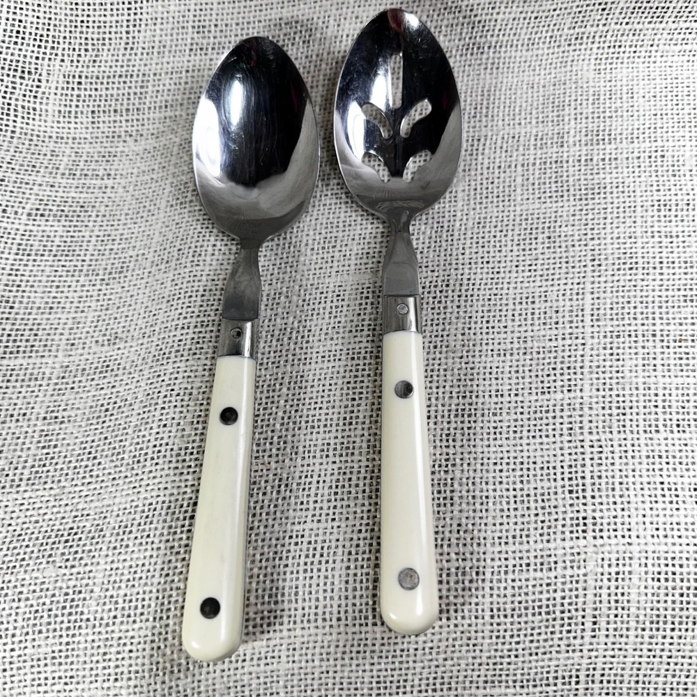 The Cellar Korea Stainless Steel Serving Spoon Pierced Slotted Cream Handle Set